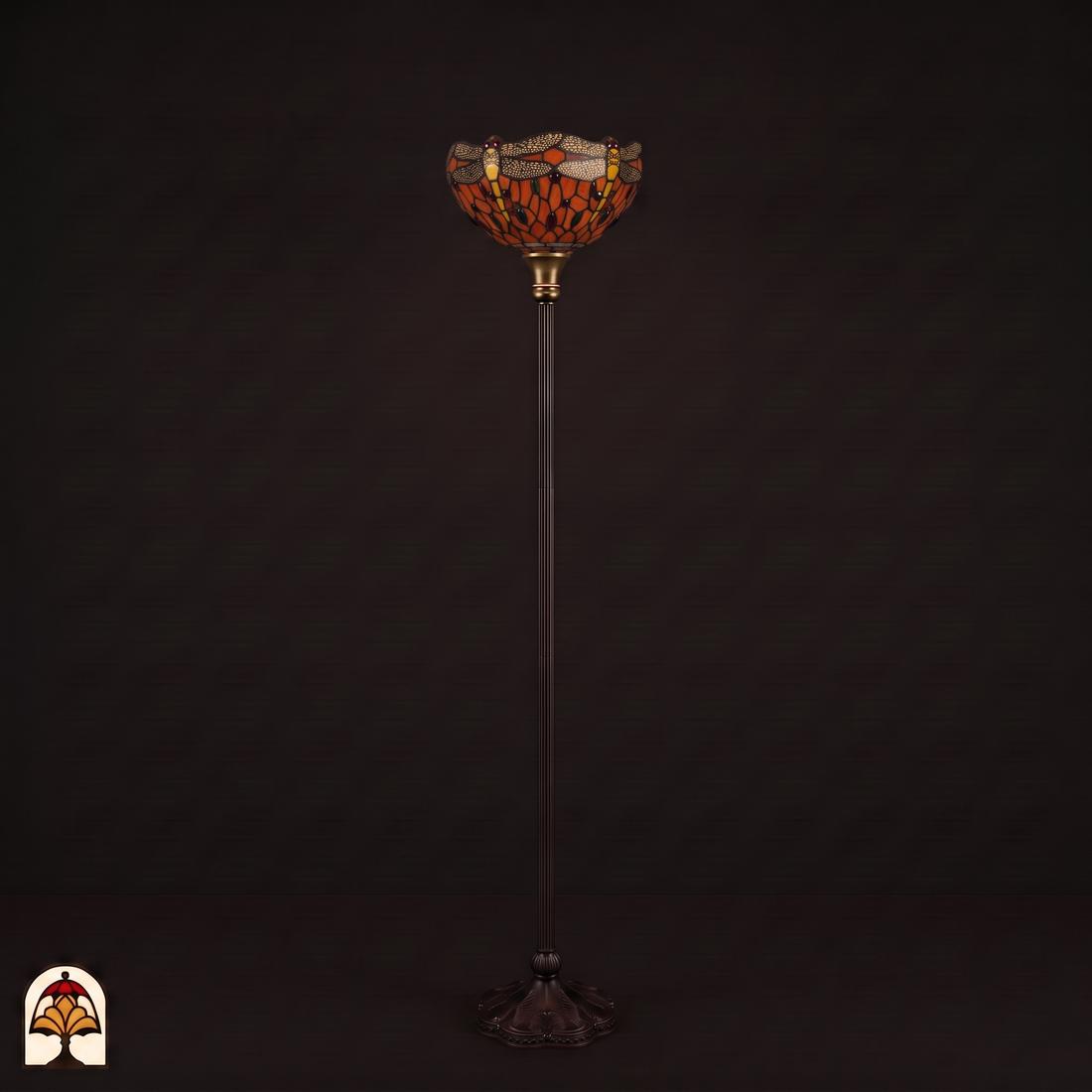 Tiffany Stehlampe Libellula Tramonto ausgeschaltet – oranger Libellenschirm auf schlankem Bronze-Deckenfluter