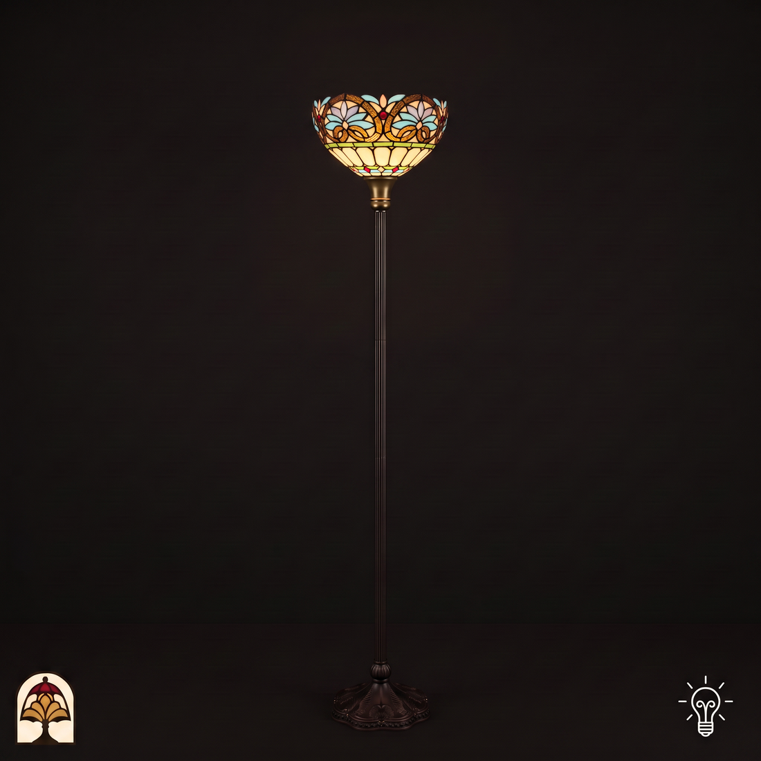 Tiffany vloerlamp Lucette Celeste ⌀30 cm – verlicht, hemelsblauwe en lila lotusbloemen in glas-in-lood kap