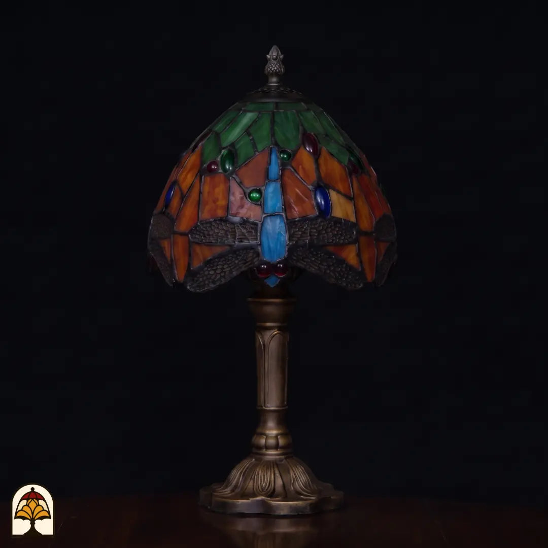 Tiffany tafellamp Libellula Rubra ⌀20 cm onverlicht – daglichtkleuren oranje, rood en groen