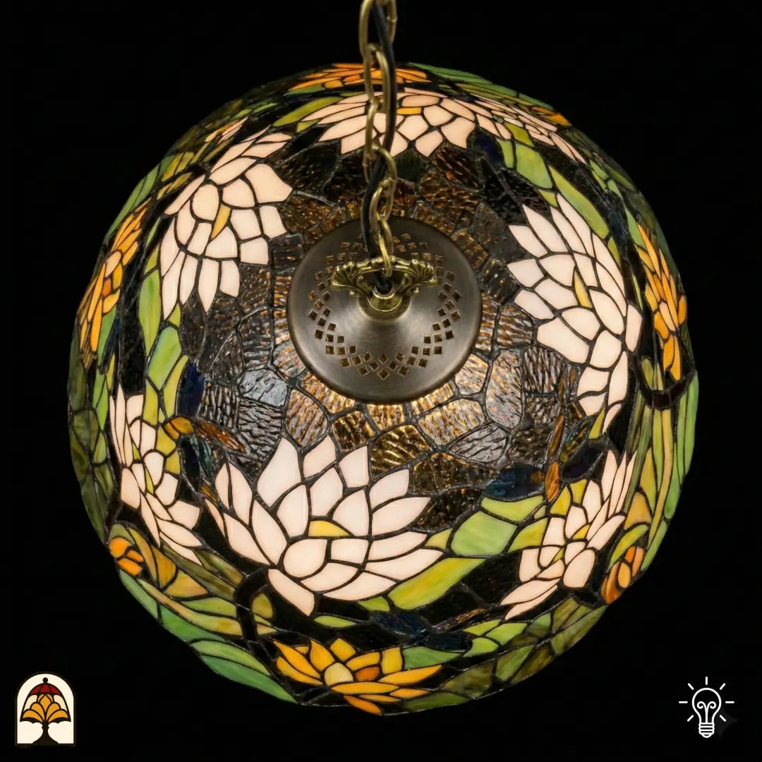 Bovenaanzicht van tiffany lamp hanglamp verlicht, koepel met witte en geel-oranje lotusbloemen en groene waterleliebladen rondom de centrale bronzen ventilatieplaat, donkerblauw glas in het midden