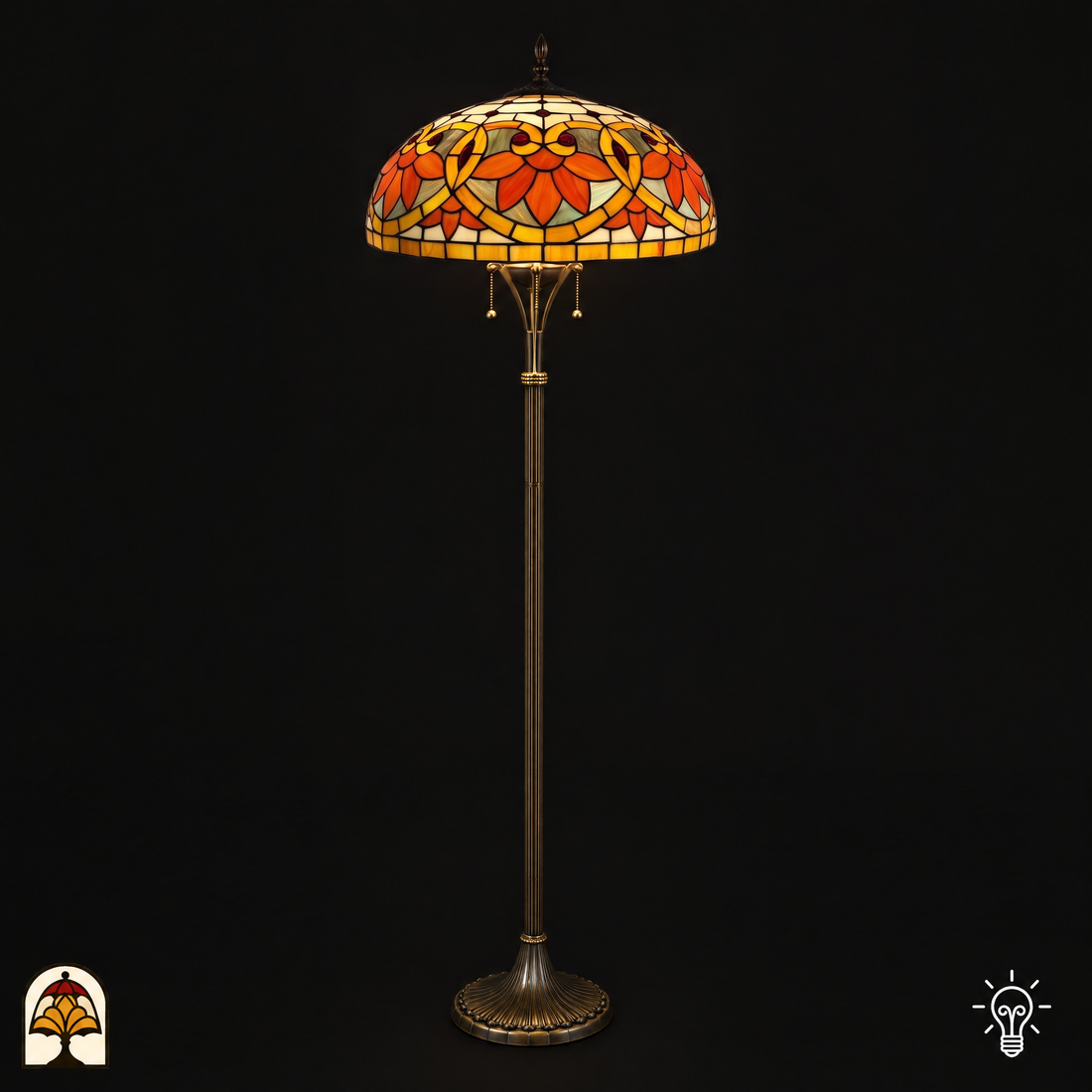 Tiffany Stehlampe Rosso Aurea ⌀50 cm leuchtend – Buntglas-Schirm mit orange-roten Blüten, Bronzefuß, 170 cm hoch