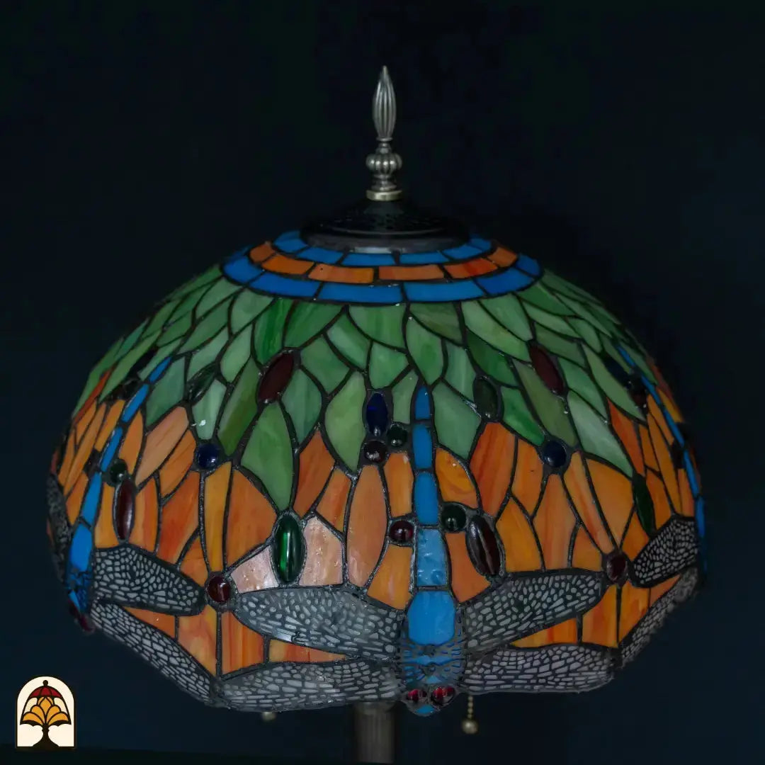 Close-up fitting Tiffany lamp vloerlamp Libellula Azul – LED-peertjes in bronzen fitting, trekschakelaars