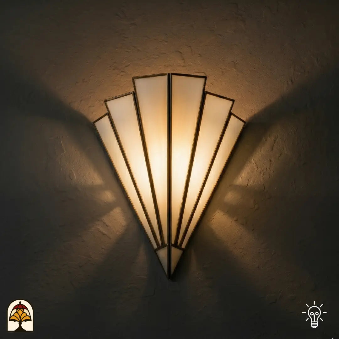 Tiffany wandlamp Ventaglio Avorio – verlicht op de muur, Art Deco waaiervorm in crèmewit glas