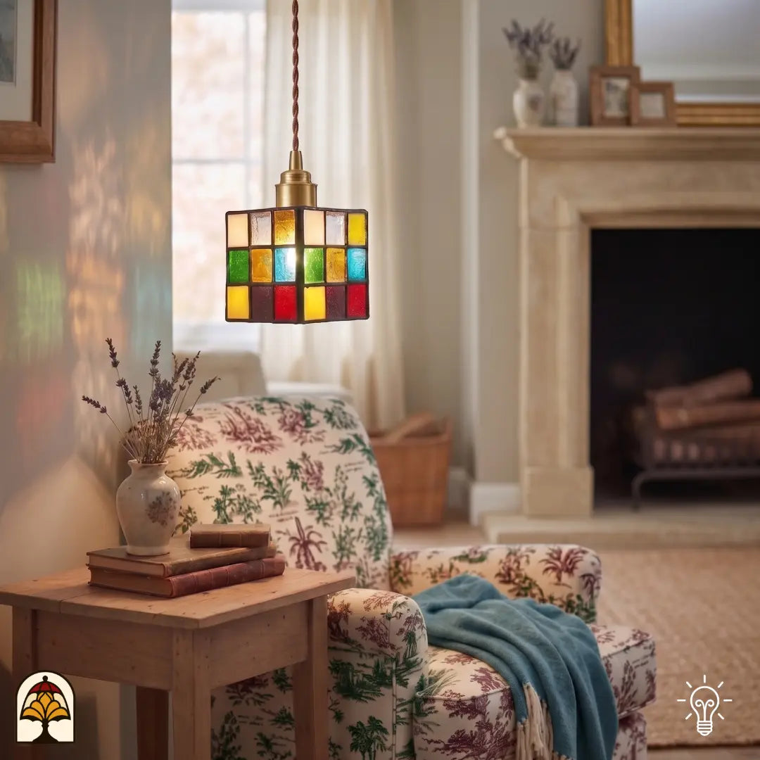 Tiffany hanglamp Cubo Colorato – zijaanzicht gekleurde glasblokken in rood, geel, groen en blauw
