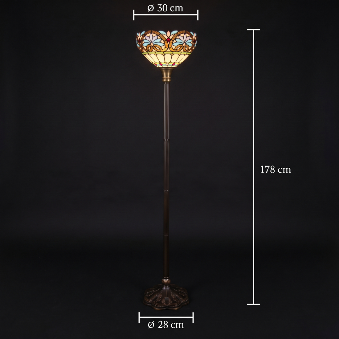Tiffany vloerlamp Lucette Celeste ⌀30 cm – maatafbeelding: hoogte 178 cm, kap ⌀30 cm, voet ⌀28 cm