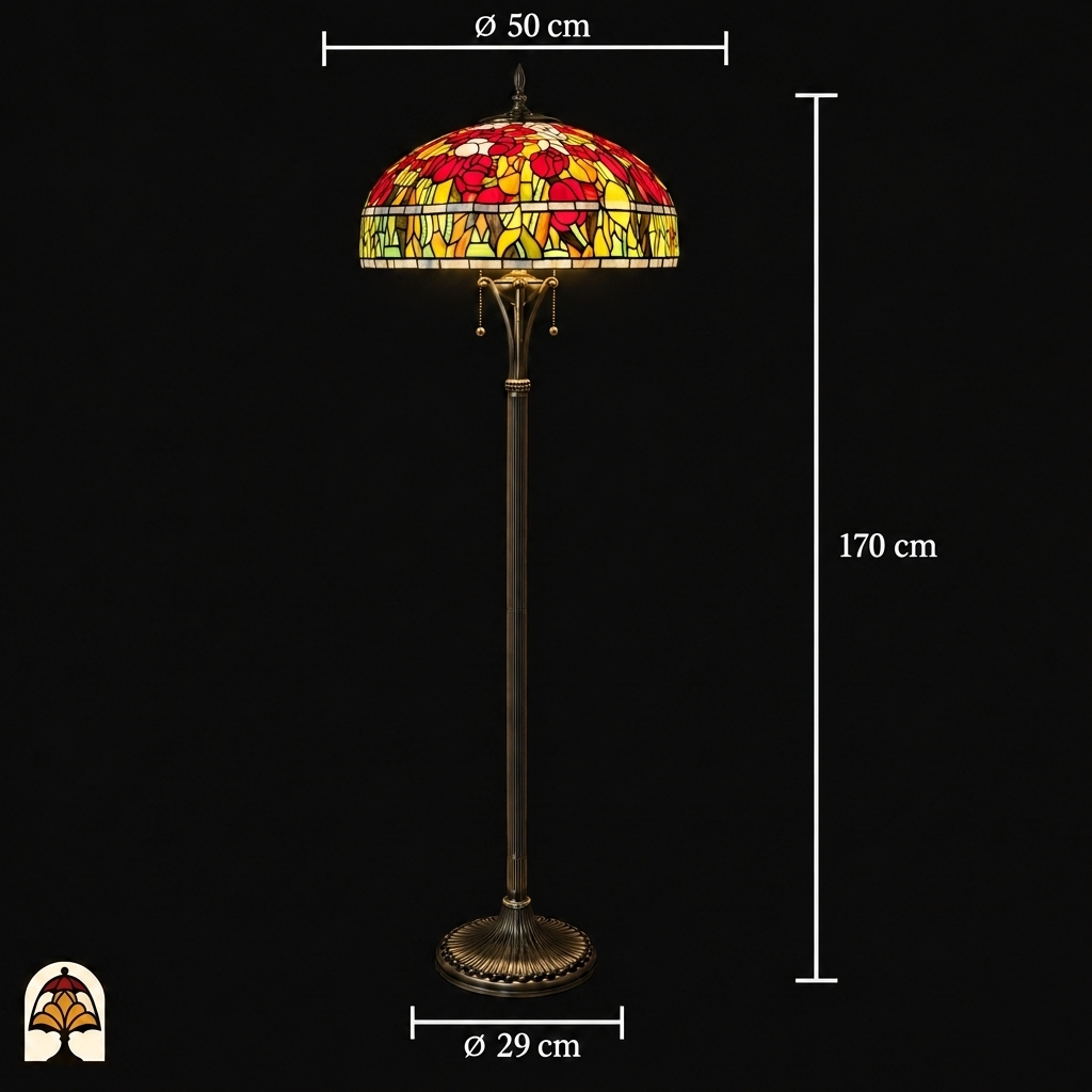 Maße der Tiffany Stehlampe Tulipa Rosso Azul: Schirm ⌀50 cm, Höhe 170 cm, Fuß ⌀29 cm