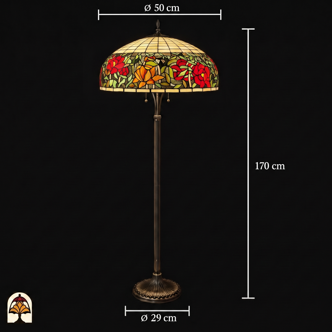 Tiffany vloerlamp Peonia Rossa ⌀50 cm – maatafbeelding: kap ⌀50 cm, hoogte 170 cm, voet ⌀29 cm
