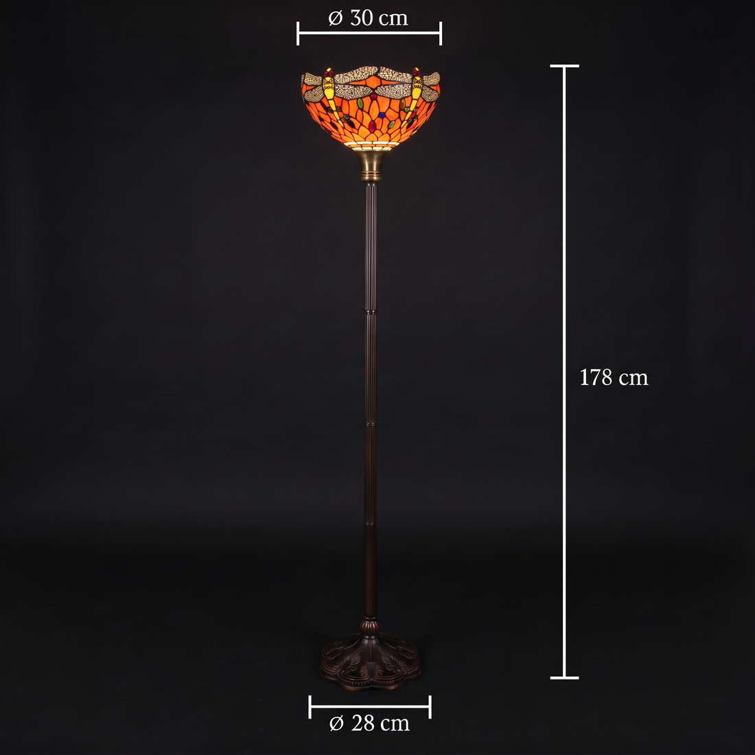 Maße der Tiffany Stehlampe Libellula Tramonto: Schirm ⌀30 cm, Höhe 178 cm, Fuß ⌀28 cm
