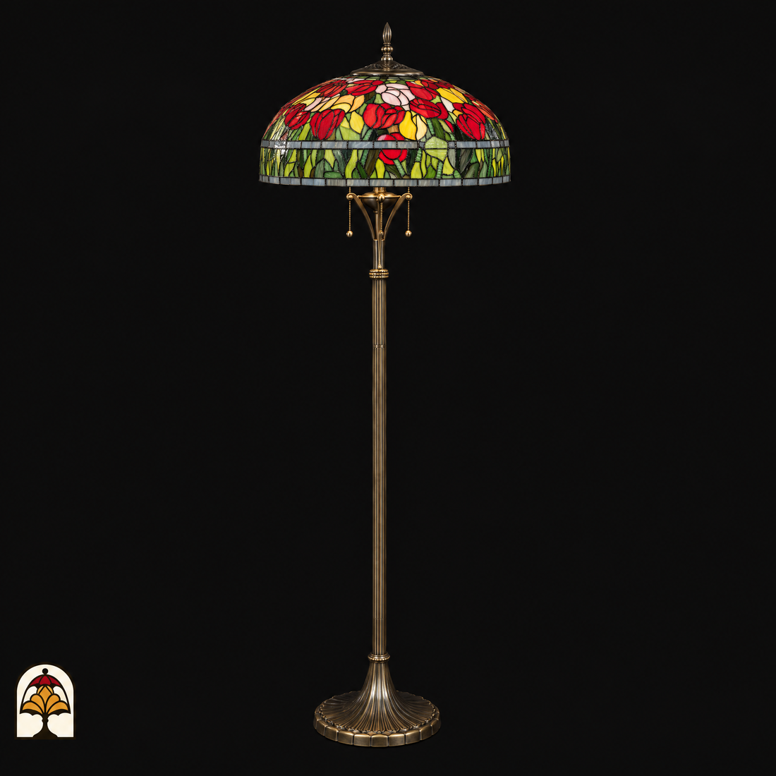 Tiffany Stehlampe Tulipa Rosso Azul ausgeschaltet – Tulpenschirm in Rot, Gelb und Grün auf schlankem Bronzefuß
