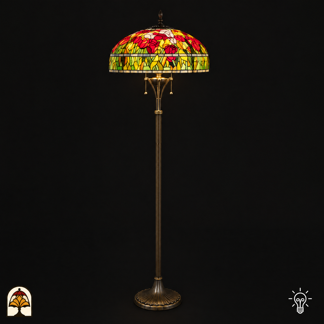 Tiffany Stehlampe Tulipa Rosso Azul ⌀50 cm leuchtend – Buntglas-Schirm mit roten und gelben Tulpen, Bronzefuß, 170 cm