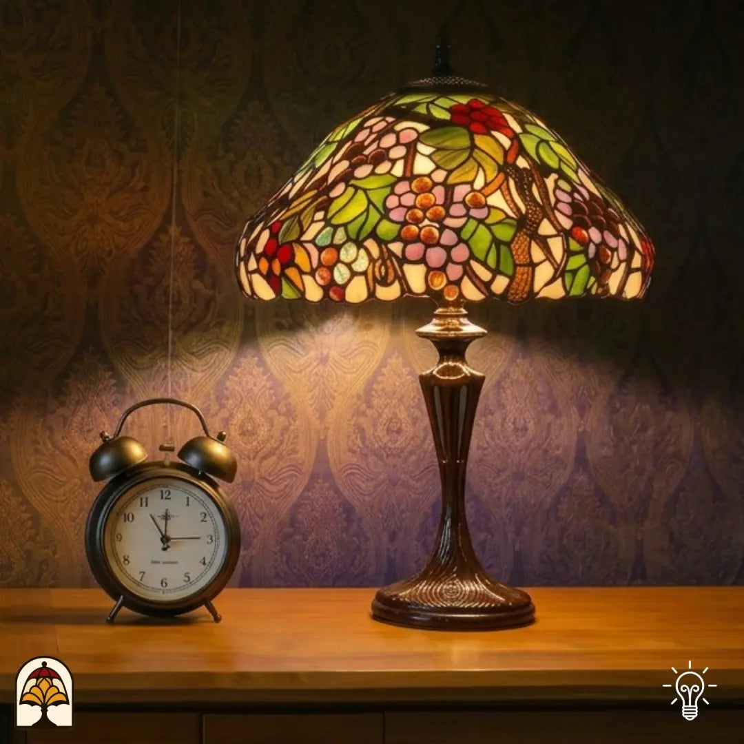 Verlichte Tiffany tafellamp met groen, rood en roze druivenmotief naast een koperen wekker op een houten tafel