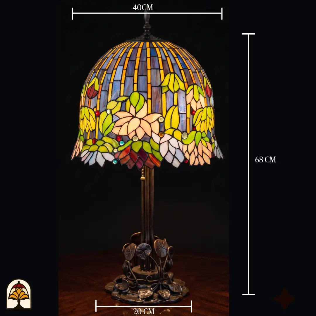 Maatafbeelding Tiffany tafellamp Pond Lilia ⌀40 cm: kapbreedte 40 cm, hoogte 68 cm, voet 20 cm