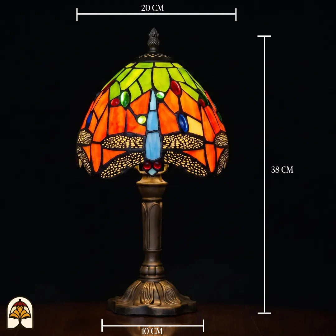 Tiffany tafellamp Libellula Rubra met afmetingen: 20 cm breed