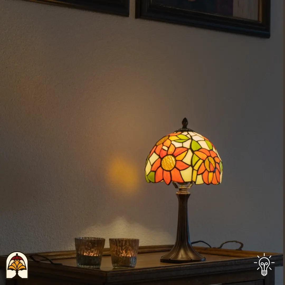 Tiffany tafellamp Solea verlicht op houten dienblad — warm licht op witte muur, twee glazen theelichtjes links naast de lamp, schilderijen boven