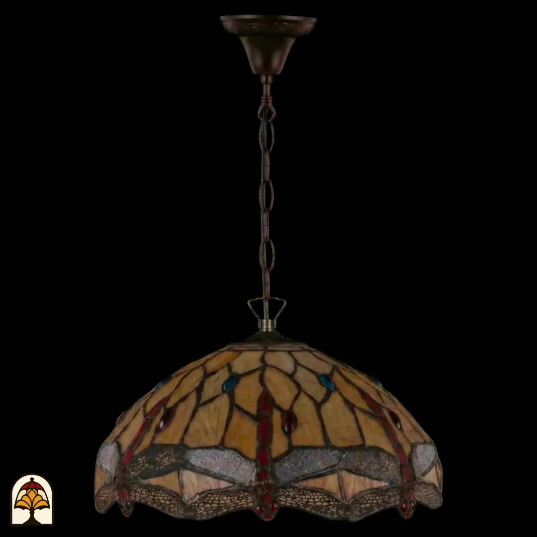Onverlichte Tiffany hanglamp Libelle aan ketting met plafondbak, geel-amber kap met rode en blauwe accenten en libellenmotieven