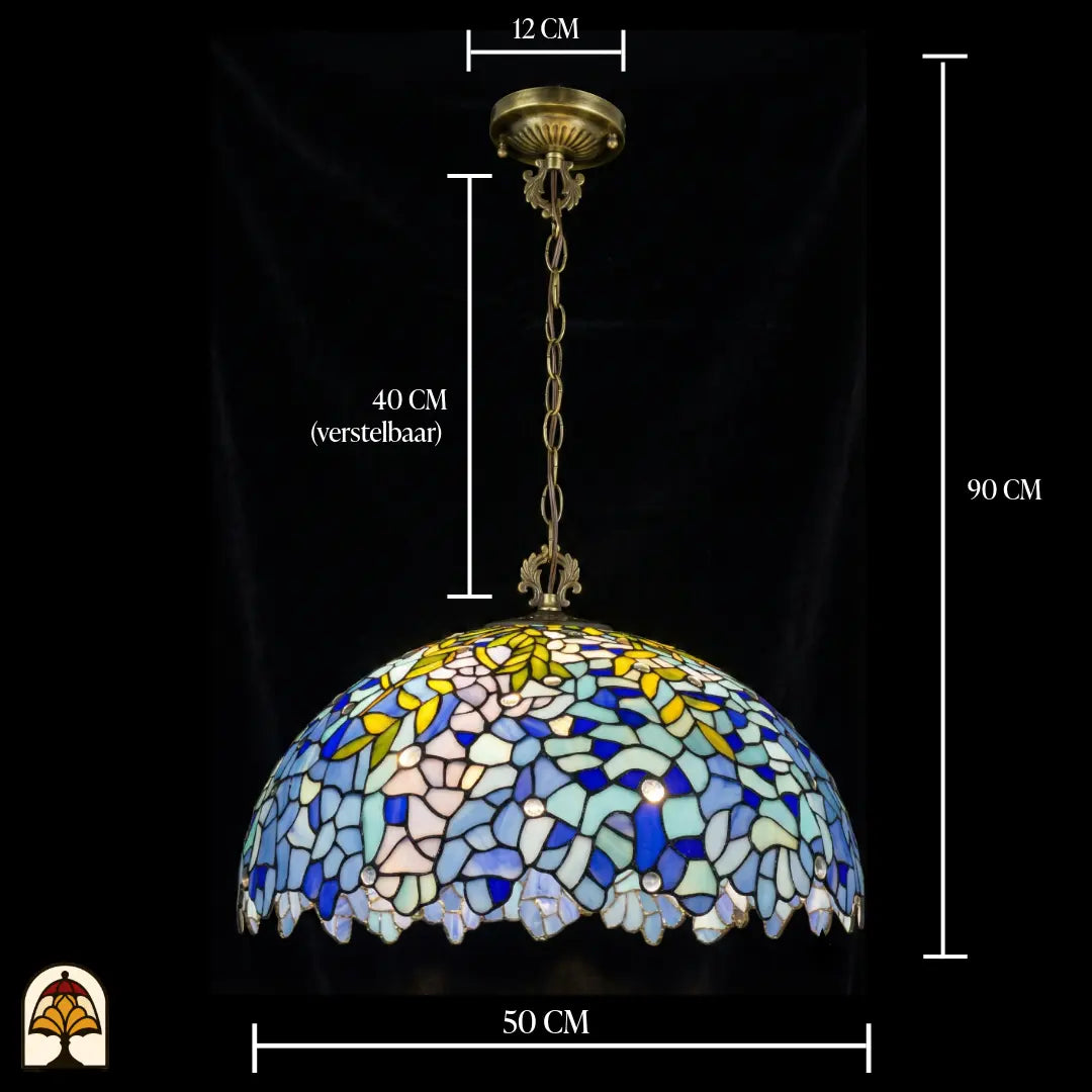 Maatafbeelding Tiffany hanglamp Drizzle Bleu ⌀50: kapbreedte 50 cm, plafondrozet 12 cm, ketting 40 cm verstelbaar, totale hoogte 90 cm