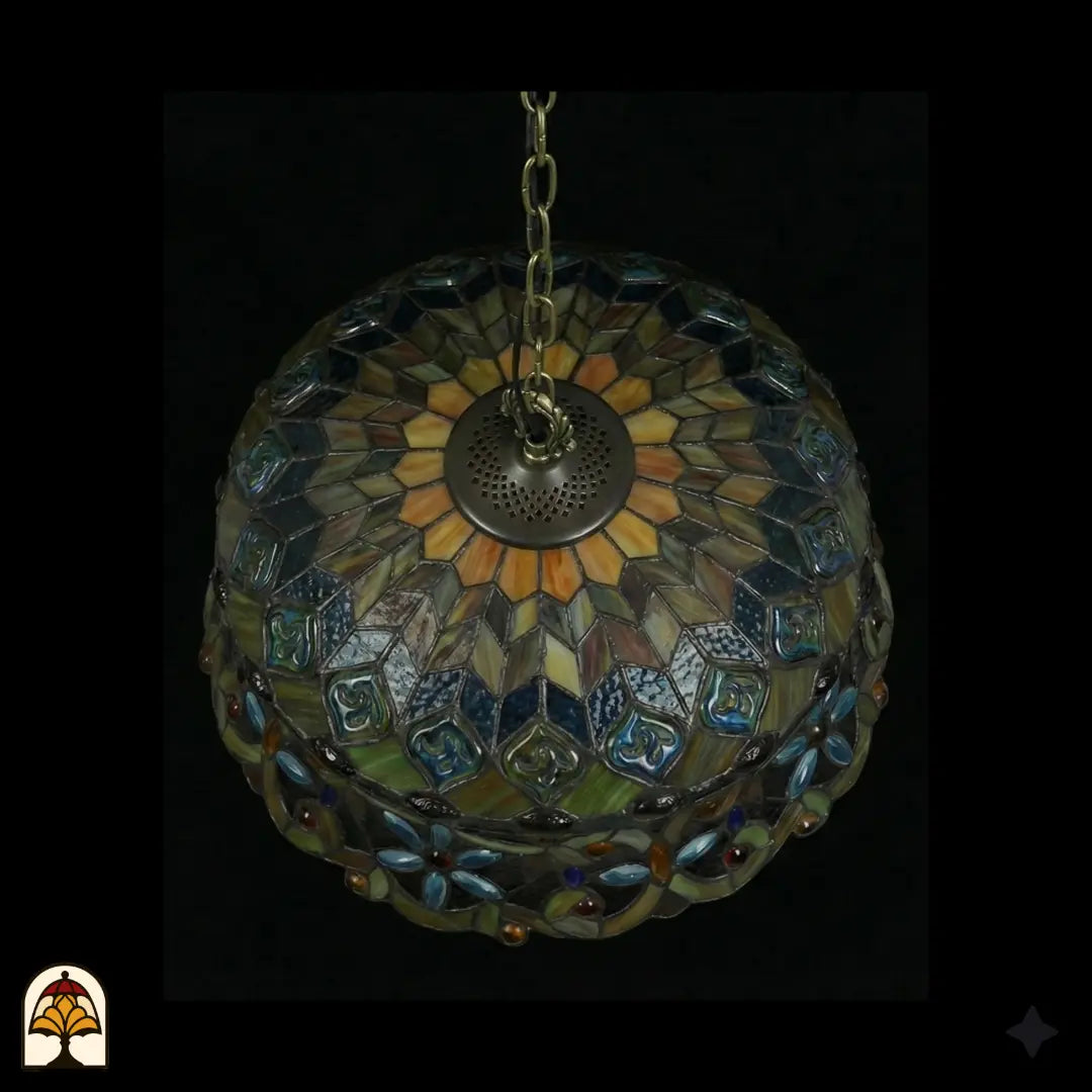 Onderkant bovenaanzicht van tiffany lamp hanglamp onverlicht, koepel met stralend patroon van amberkleurig glas en blauwe vlakken, groene glaskralen, bronzen ventilatieplaat zichtbaar in het midden