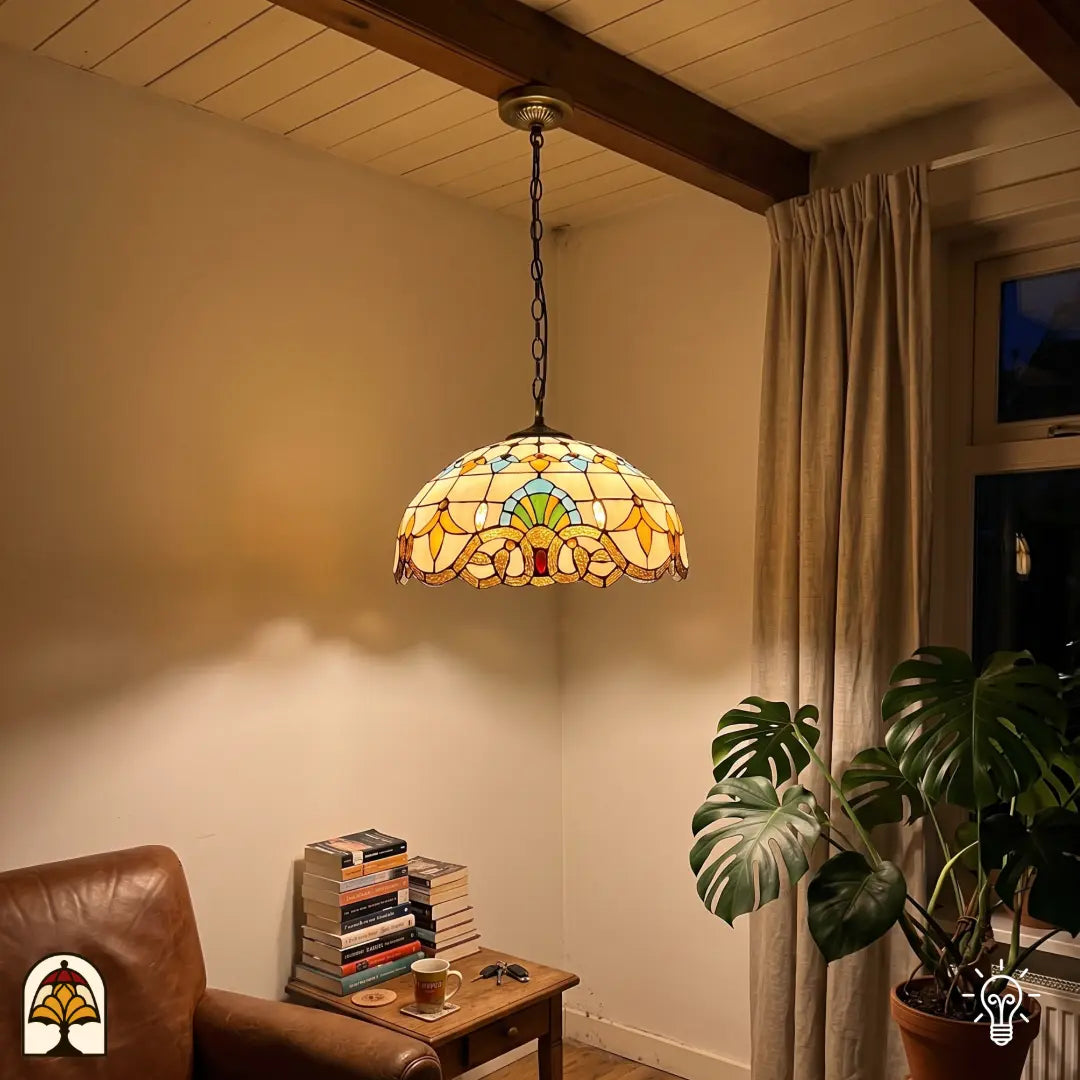 Verlichte Tiffany hanglamp Barok ⌀40 cm in interieur – crème kap met gele tulpmotieven en gouden rolwerkrand, bronzen ketting, warm licht