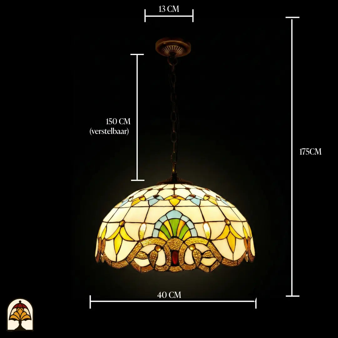 Maatafbeelding Tiffany hanglamp Barok ⌀40: kapbreedte 40 cm, plafondrozet 13 cm, ketting 150 cm verstelbaar, totale hoogte 175 cm