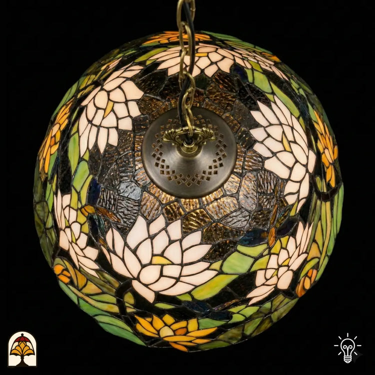 Bovenaanzicht van tiffany lamp hanglamp verlicht, koepel met witte en geel-oranje lotusbloemen en groene waterleliebladen rondom de centrale bronzen ventilatieplaat, donkerblauw glas in het midden
