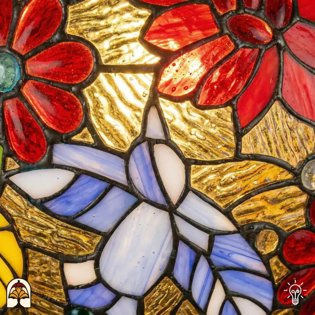 Detailopname van tiffany lamp glas-in-lood paneel met centraal wit-lavendel vlindermotief, omgeven door rode poinsettia-bloemblaadjes en goudkleurig getextureerd glas