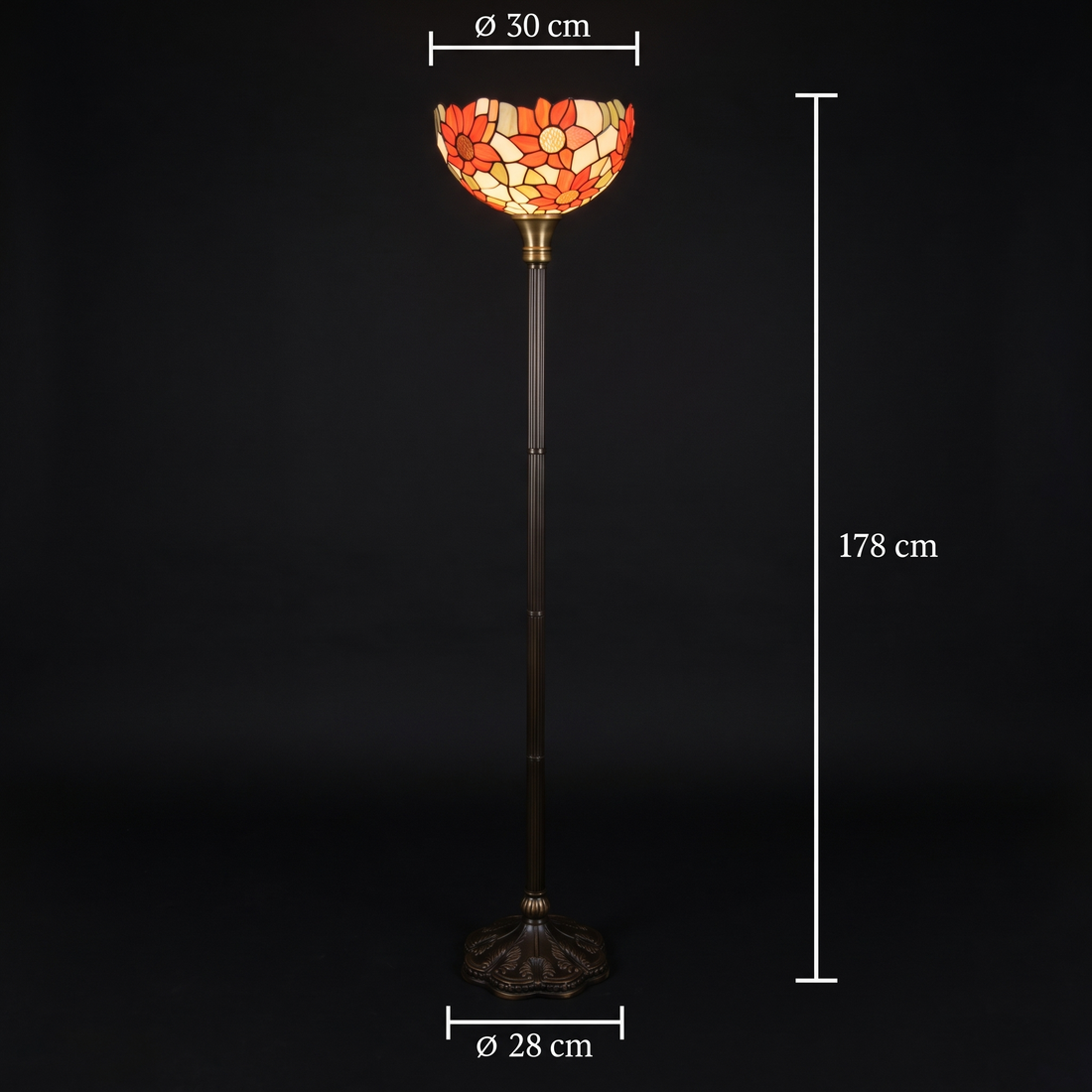 Tiffany vloerlamp Solea Uplighter ⌀30 cm – maatafbeelding: kap ⌀30 cm, voet ⌀28 cm, hoogte 178 cm
