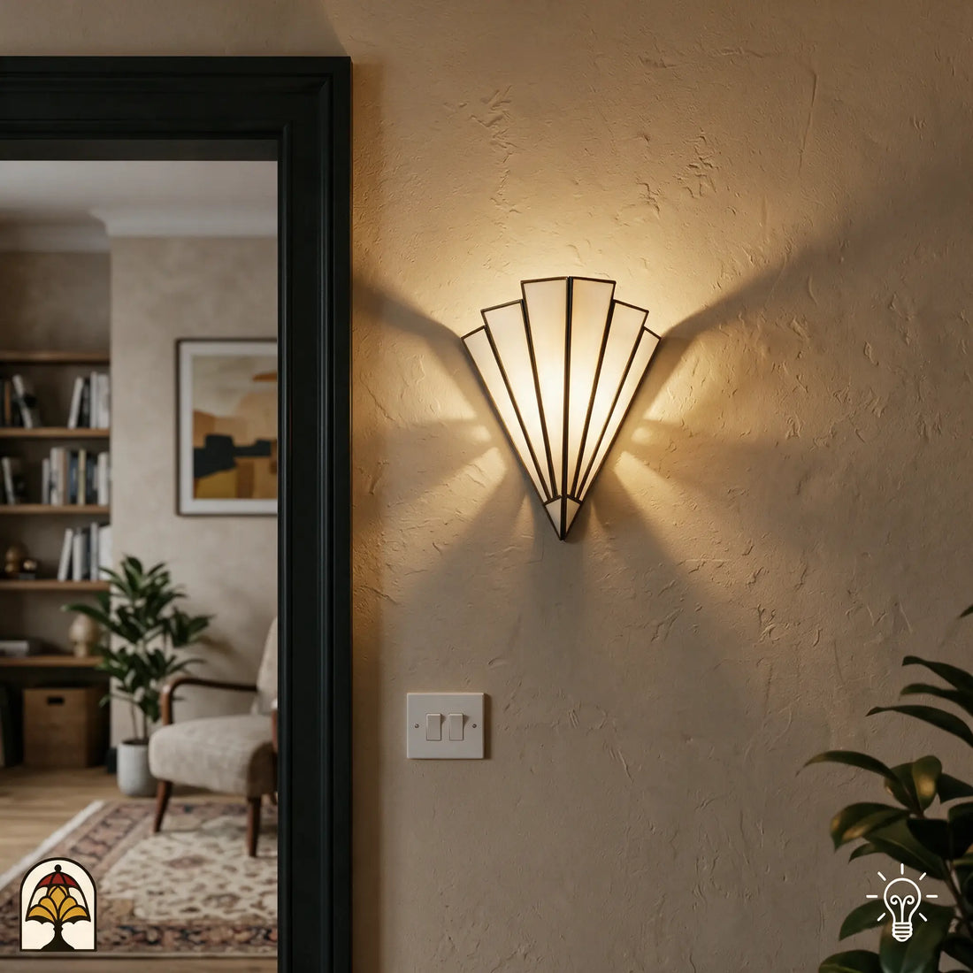 Tiffany wandlamp Ventaglio Avorio – sfeerfoto in een sfeervol interieur bij de deur