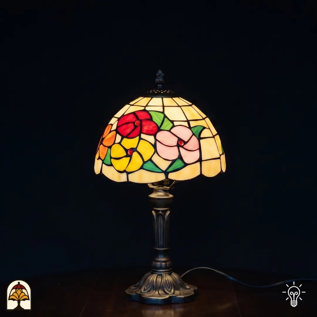 Tiffany tafellamp Roseto Vivace ⌀20 cm verlicht – kleurrijke rozen in rood, oranje en roze op crème kap