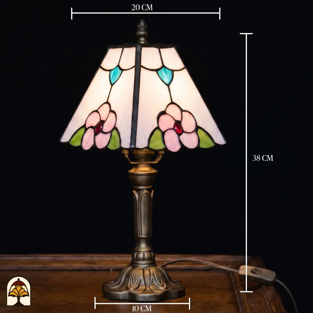 Tiffany tafellamp Rosa Zaffiro met afmetingen: 20 cm breed