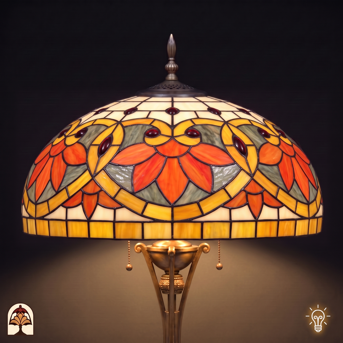 Nahaufnahme leuchtender Schirm der Tiffany Stehlampe Rosso Aurea – orange-rote Blüten, Bernsteinbänder, rubinrote Glasjuwelen