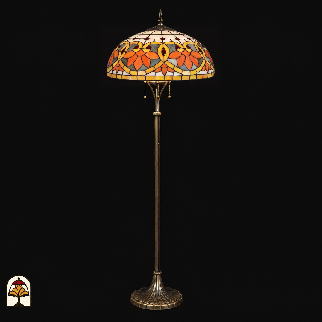 Tiffany Stehlampe Rosso Aurea ausgeschaltet – Blütenschirm in Orange, Rot und Creme auf schlankem Bronzefuß