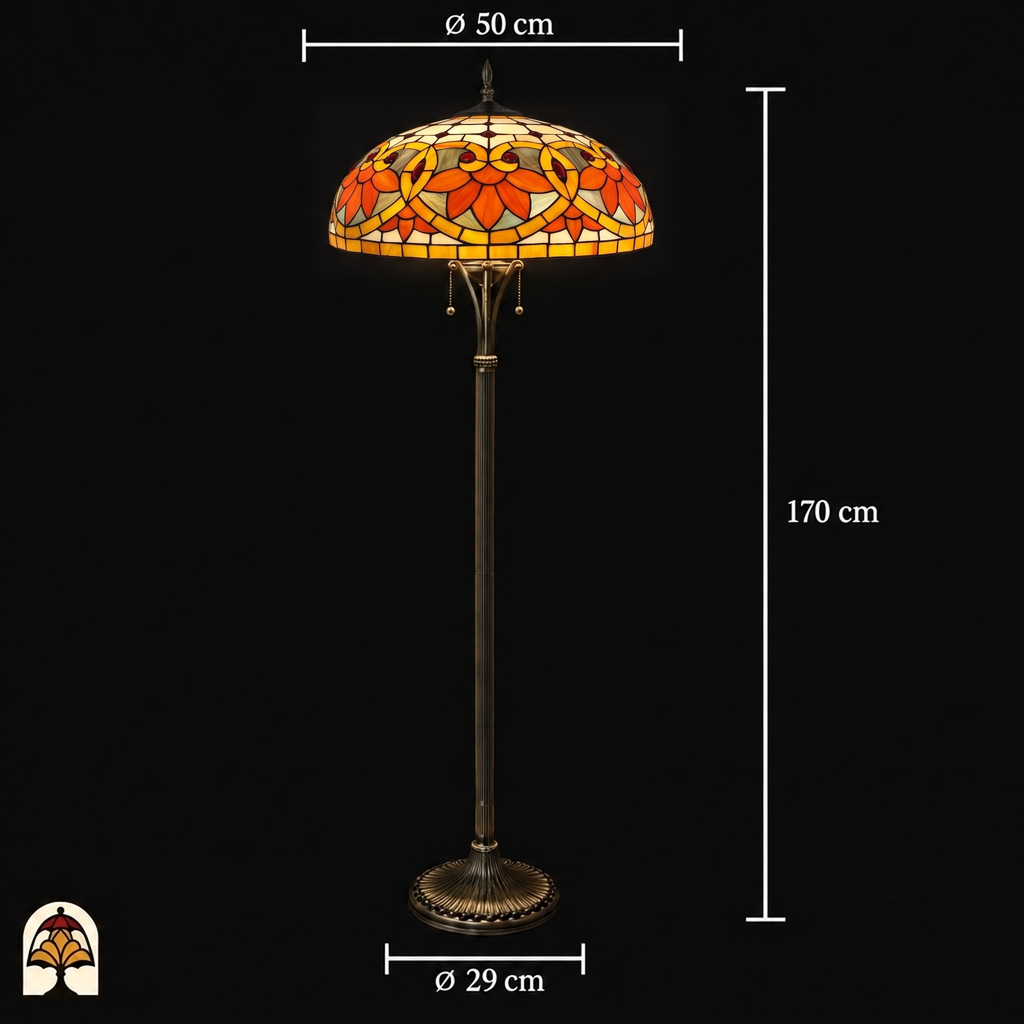 Maße der Tiffany Stehlampe Rosso Aurea: Schirm ⌀50 cm, Höhe 170 cm, Fuß ⌀29 cm