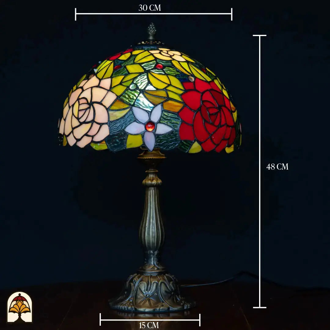 Maatafbeelding Tiffany lamp tafellamp Rosetta – kap ⌀30 cm op bronzen kolomvoet