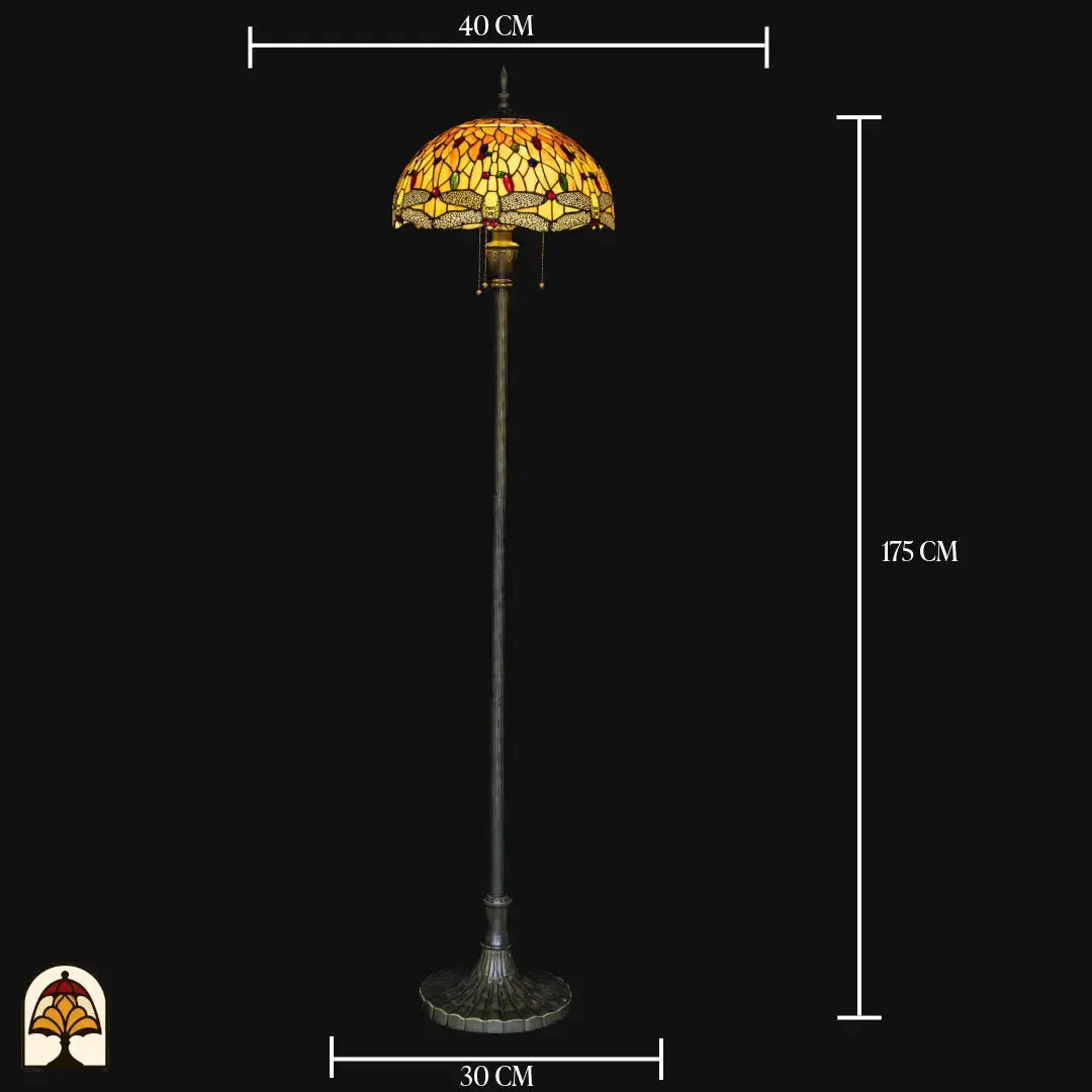Maatafbeelding Tiffany vloerlamp Libellula Aurea — kapdiameter ⌀40 cm, totale hoogte 175 cm, voetdiameter 30 cm