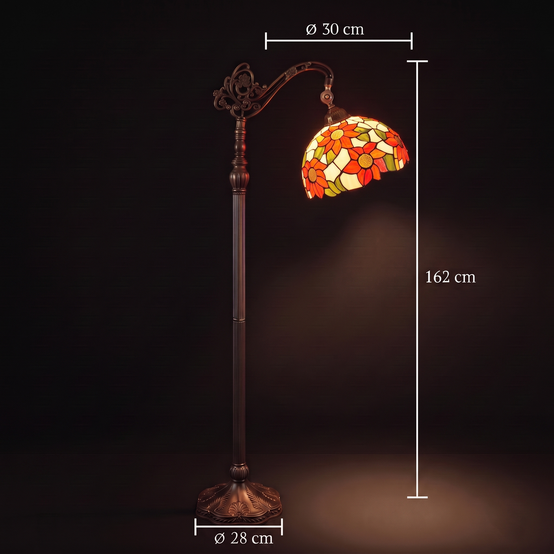 Tiffany vloerlamp Solea Leeslamp ⌀30 cm – maatafbeelding: kap ⌀30 cm, hoogte 162 cm, voet ⌀28 cm
