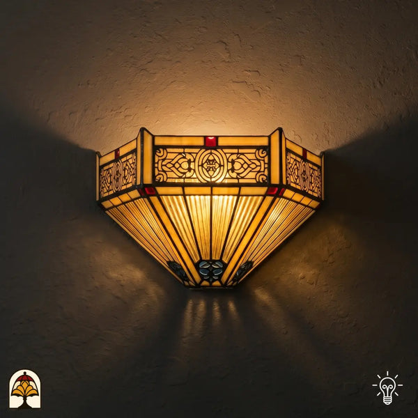 Tiffany wandlamp Lumina Geometrica verlicht op muur – geometrische amberen kap met ornamentale sierlijst